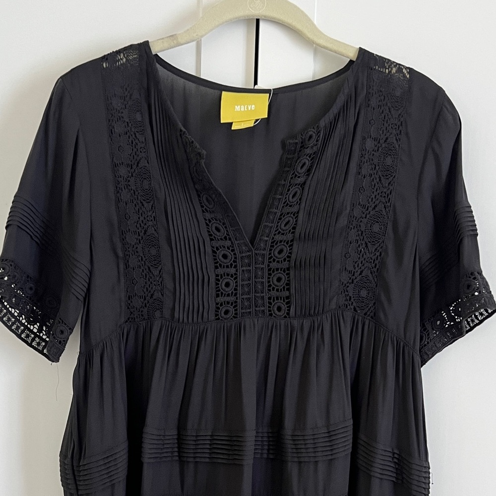 NEW MAEVE Anthropologie Black Blouse Top Lace Detail Size Small